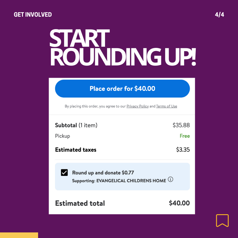 Introducing Walmart Spark Good Round Up! Did you know that every time you shop on Walmart.com, you can round up your purchase and donate it to ECH. Supporting our mission is now easy as ever! Check out below on how to set ECH as your preferred charity.
