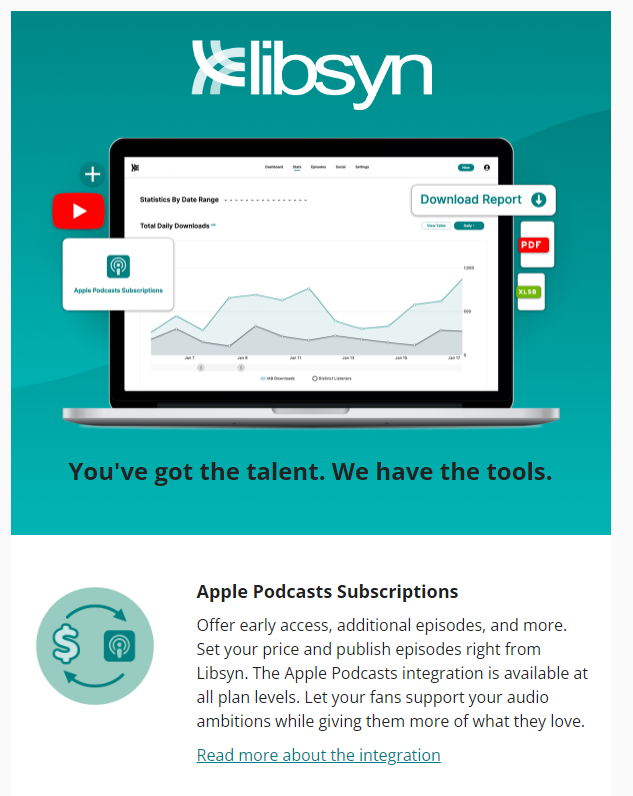 BradTirpak's tweet photo. Hey Podcasters. You've got the talent. We have the tools. Get started with subscriptions today! 
https://t.co/vlrcnKYWNk @libsyn @applepodcasts https://t.co/rmFXPanaiL