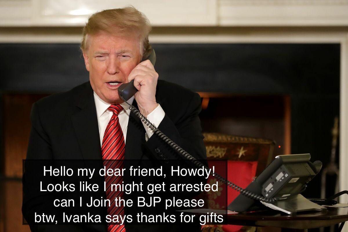 MabrinB's tweet photo. #TrumpIndictment 
#TrumpForPrison 
To evade arrest, Trump dials his friend #Modi , seeking entry to the #BJP #Washingmachine .
He'll come out squeaky clean.. that's a guarantee!
#Howdy_Modi ?? https://t.co/5Hor7pAP2T