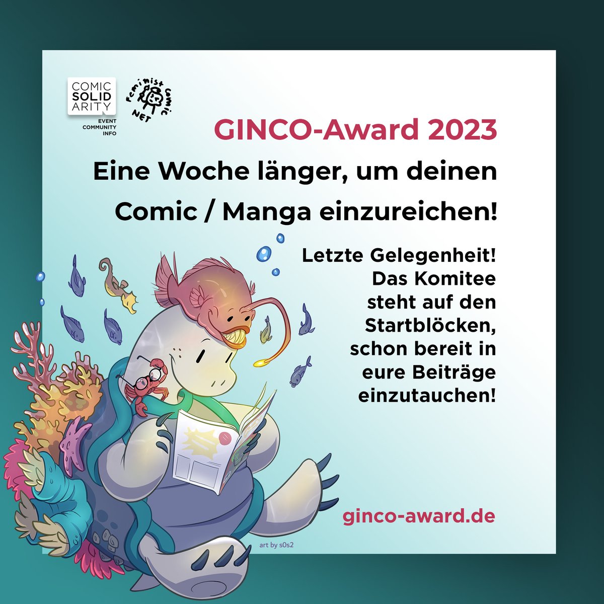 Wir wissen, die Zeit verrinnt wie Wasser zwischen den Fingern, daher gibt es eine Woche Nachreichfrist! 
In der Zwischenzeit beginnen wir, die bisherigen Einreichungen auf Vollständigkeit und funktionierende Links zu checken.
#gincoaward #comicaward #comicpreis #fristverlängerung
