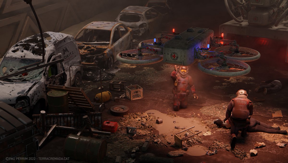 Encara a Reus, voltants del Palau Pep Guardiola, reportem més enfrontaments amb les forces d’ocupació amb ferits i morts, els mossos estan utilitzant lliteres-dron per enviar gent als hospitals.#blendercommunity