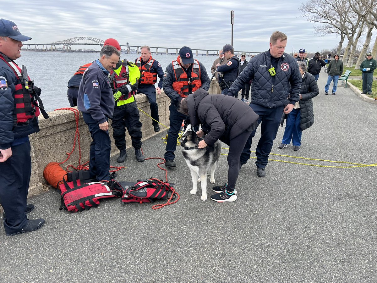 Bayonne_OEM's tweet photo. BFD & BPD jumped into action to save a high-diving husky from Newark Bay today. Thankfully, Eragon is perfectly safe! #wegotarunner #BayonnesBravest #BayonnesFinest @CityofBayonne https://t.co/LXVNrXZnke