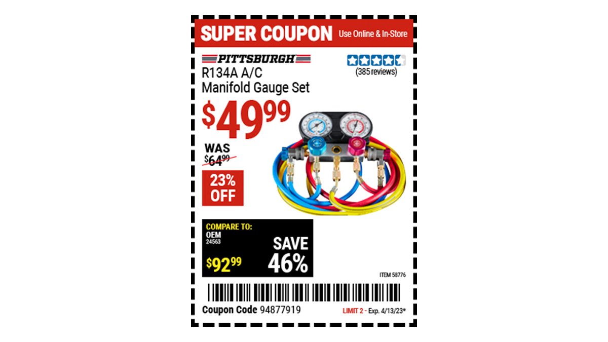 Harbor Freight on Twitter "Buy the PITTSBURGH R134A A/C Manifold Gauge Set (Item 58776) for 49