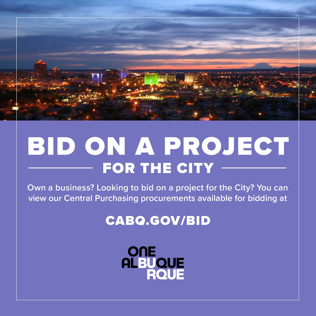 cabq's tweet photo. Own a business? Looking to bid on a project for the City? You can view our Central Purchasing procurements available for bidding at https://t.co/Dmq8fkIoOy! #OneAlbuquerque https://t.co/Lsza1BgExY