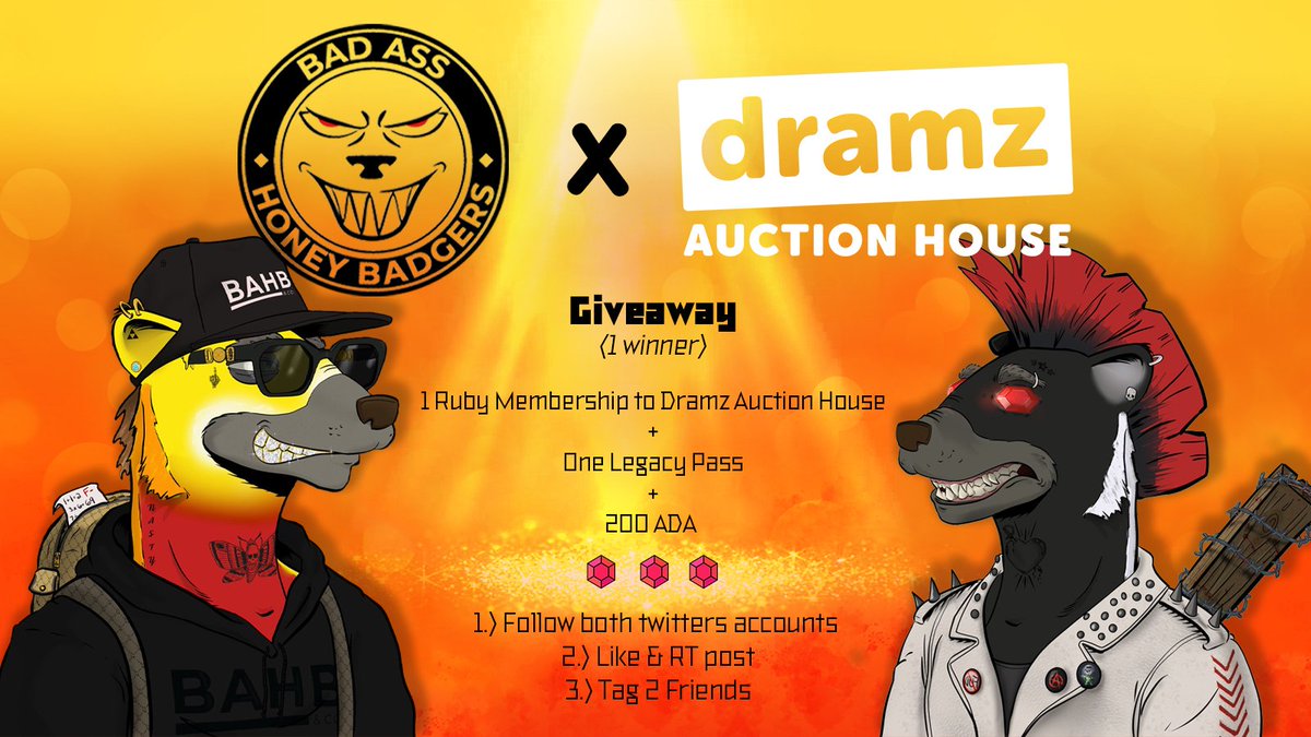 Big COLLAB + GIVEAWAY News! 👀🚨

One Lucky Winner will receive the following ⬇️⬇️

- 1 Legacy Pass 
- 1 DAH Ruby Membership
- 200 ADA

MUST FOLLOW BOTH ACCOUNTS, LIKE/RT, &amp; TAG 2 FRIENDS TO ENTER! 

<a href="/DAH_Nation/">DAH - MINTING NOW!</a> 🦆🏡
@BAHBCNFT 🍯🦡

We will choose one winner in 72 hours! GL! 🥳