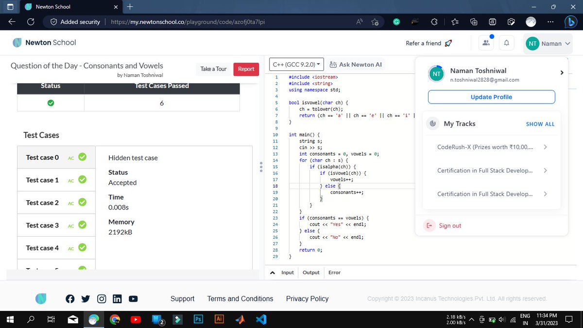 Toshniwal2828's tweet photo. Today I have solved Consonants and Vowels using #C++ #Day75 of #100Daysofcode 
@everydaycoders @_100DaysOfCode
#community #coding #programming #competitiveprogramming #codingchallenge #dsa #bubbleupcommunity #codedu https://t.co/wRkOUvhchJ