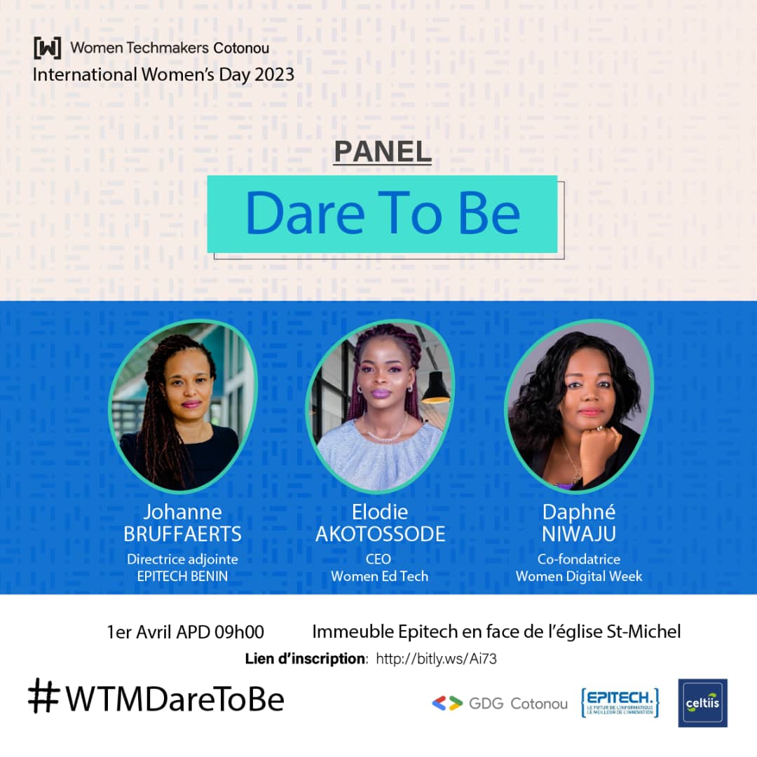 GDGCotonou's tweet photo. Rejoignez @wtm_cotonou, @ElodieA_P, @DaphneNiwaju et @JoBruffaerts demain 📌 1er Avril📌 à @EpitechBenin pour le panel Dare to be.
Réservez votre place en vous inscrivant dès maintenant : https://t.co/xW0NXrezfa
#WTMDareToBe #WTMCotonou #IWD2023 #GDGCotonou https://t.co/uQLz6zGjDe