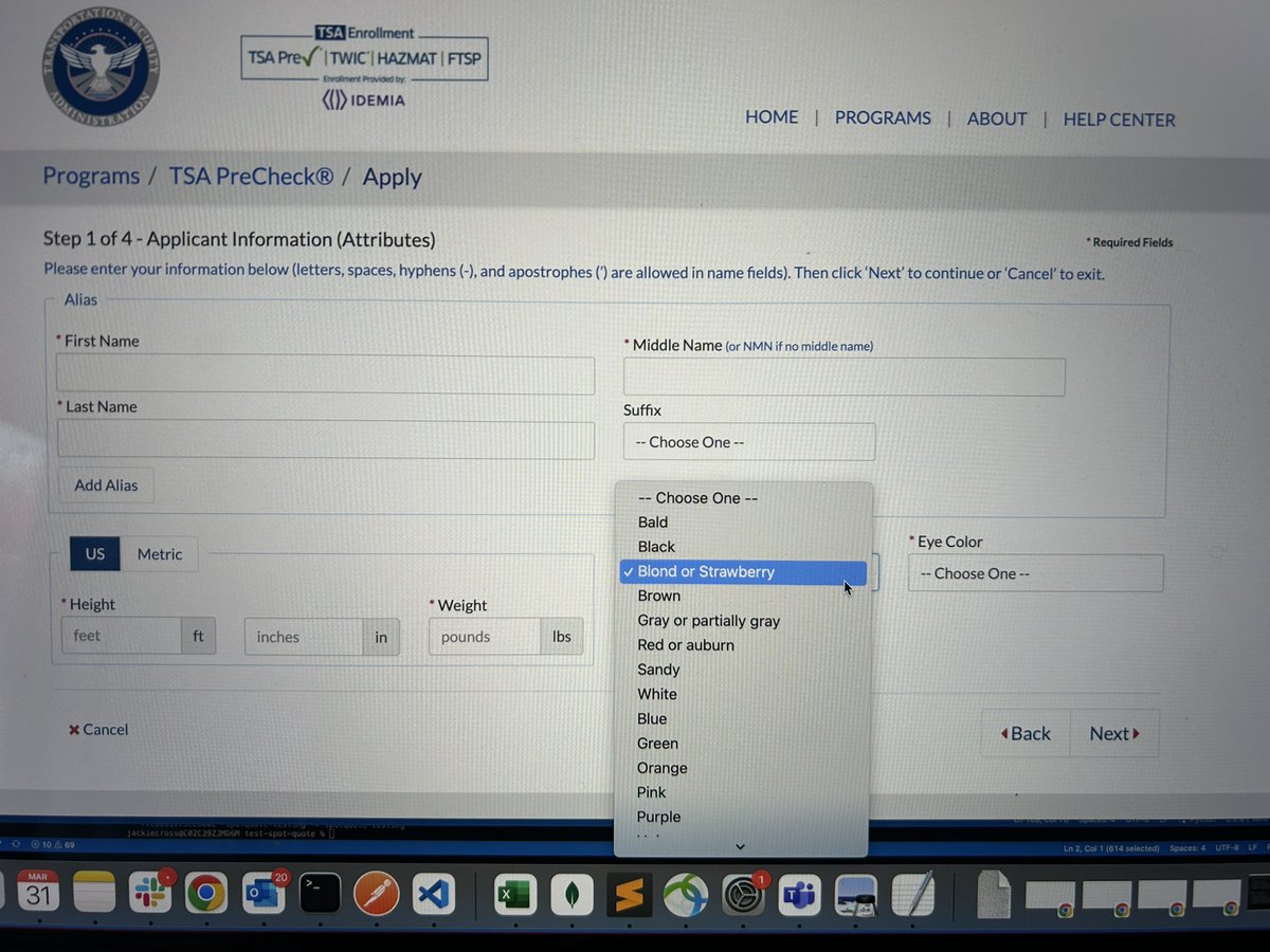JackieCross8's tweet photo. Wow literally never seen strawberry blond as an option before, tsa precheck so thorough https://t.co/xa5yfvtrO4