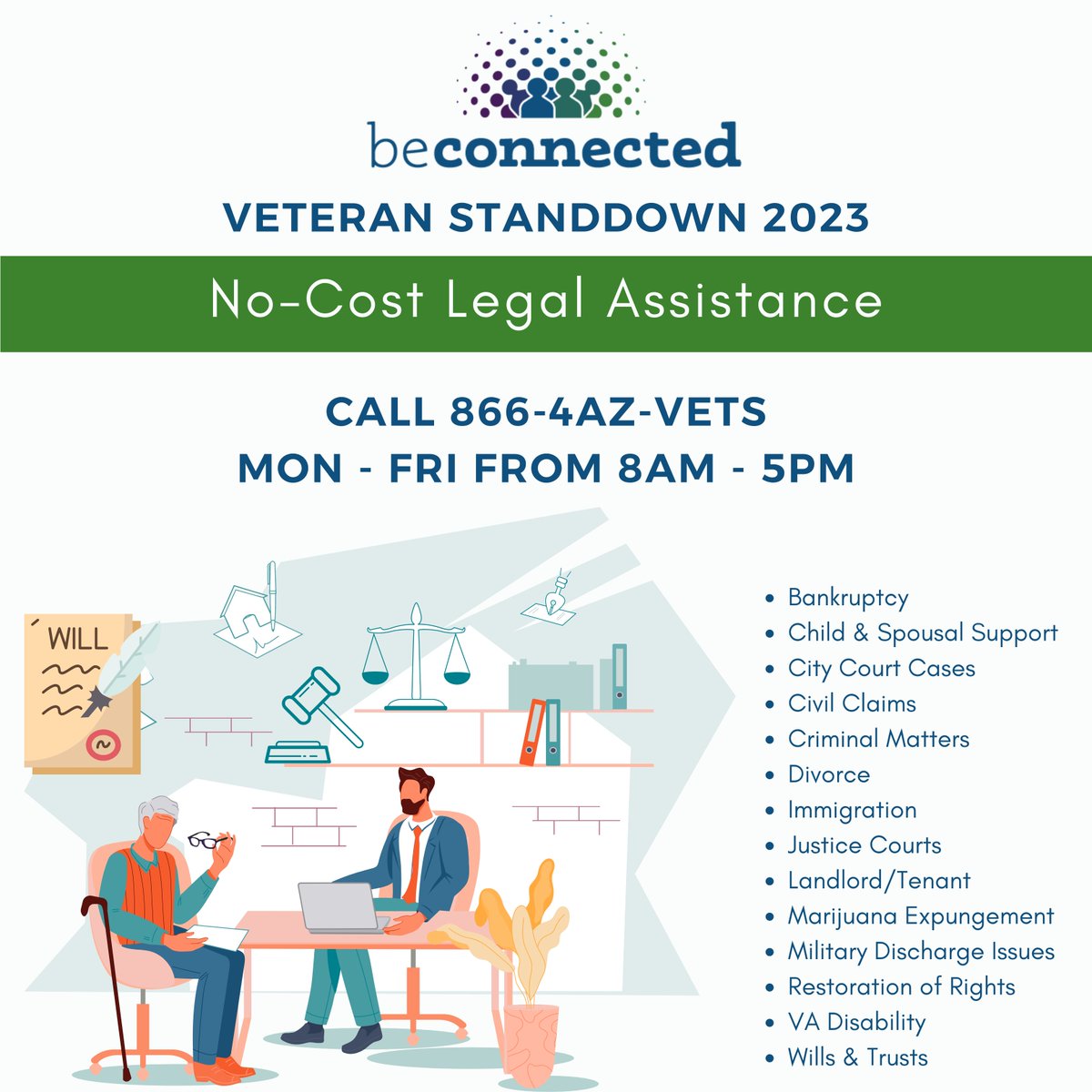 No-cost legal📎assistance is available now through 4/21 for service members, veterans & their family members. To start the process, call 📞 866-429-8387 Mon-Fri 8 AM-5 PM and ask for a legal screening. 

⚖️ #LegalHelp #BeConnected #VeteranStandDown #MaricopaCounty #Veterans