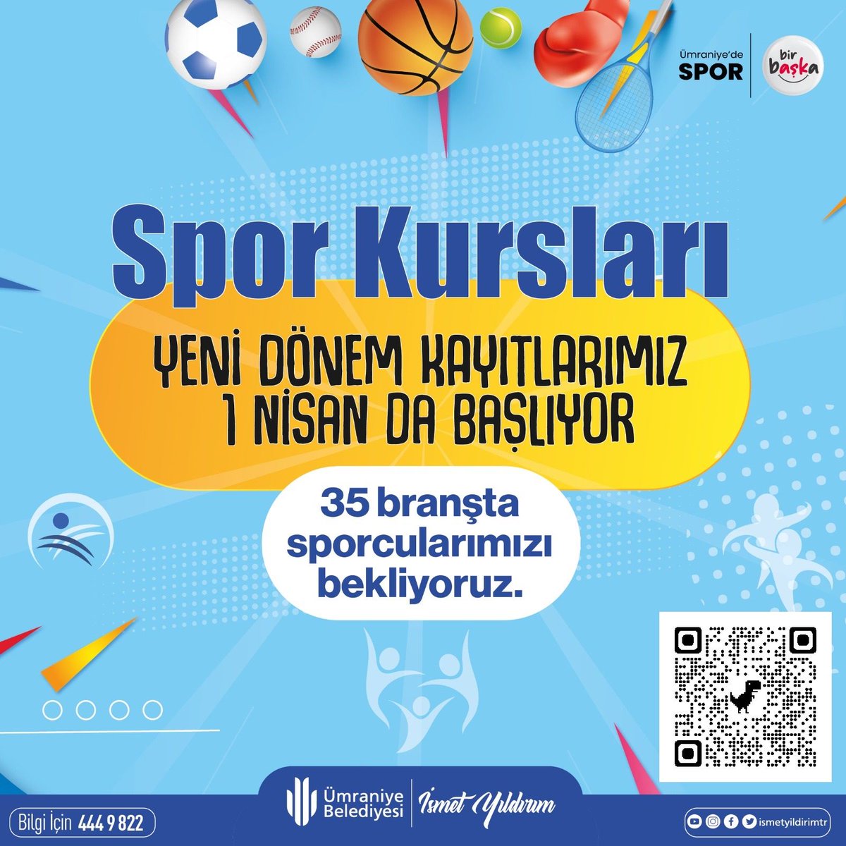 Ümraniye Belediyesi Spor Kursları yeni dönem kayıtlarımız 🗓️1 Nisan'da başlıyor.

35 branşta sporcularımızı bekliyoruz.

🖱️ kurs.umraniye.bel.tr adresimizden başvurularınızı yapabilirsiniz.