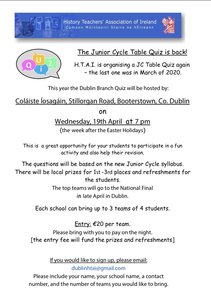 DublinHTAI's tweet image. Just a reminder folks that our Junior cycle history quiz will be happening after the Easter break! Contact the branch secretary to register your teams: dublinhtai@gmail.com #histedchatie #JCHist