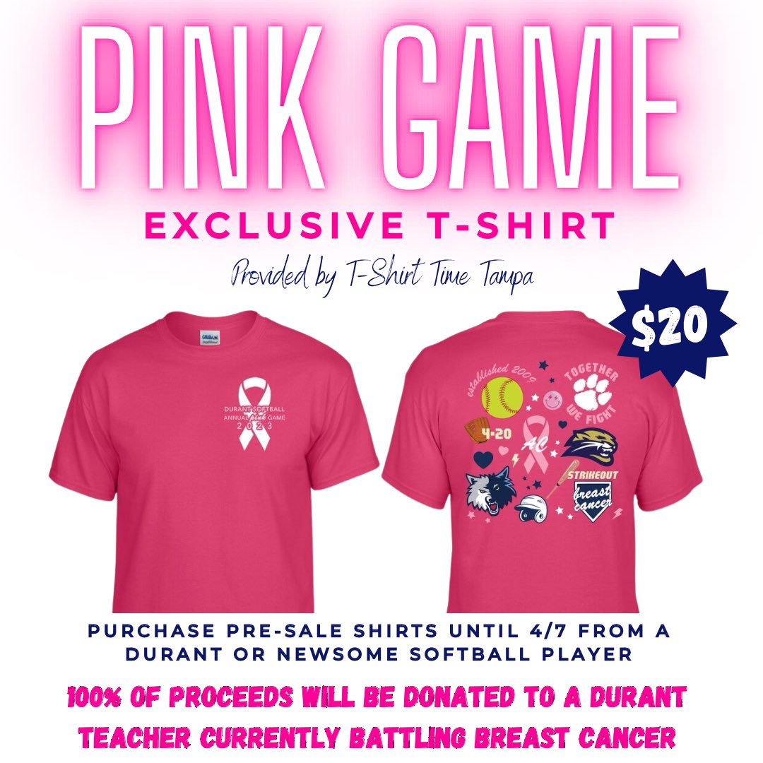 durant_softball's tweet photo. 🎀PRE-SALE STARTS NOW🎀 Get your exclusive 2023 Pink Game tee before the game by ordering from a Durant or Newsome softball player by 4/7! ALL proceeds from the game will be donated to a Durant teacher/coach who is currently fighting a battle with breast cancer. https://t.co/DQoUvoQOxt