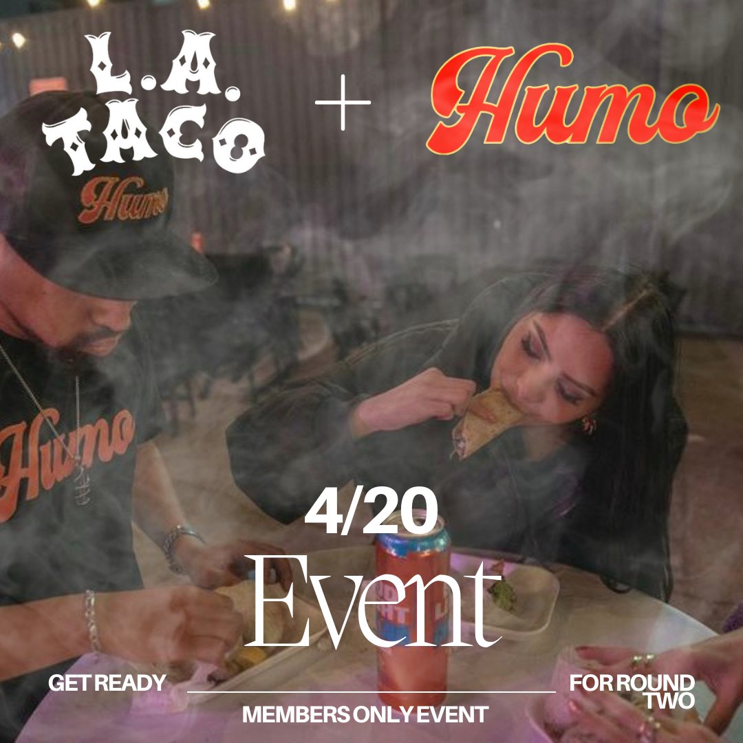 LATACO's tweet photo. Are you ready for round โ๏ธ๐พ
Itโs all going down this April, L.A. TACO members come celebrate 4/20 with us and our partners @gethumo ๐ฅ
More details to come.
Not a member? Join today for just $5 a month and enjoy the perks of being a member.
#lataco #losangeles #gethumo https://t.co/Wtxvs3hW1J