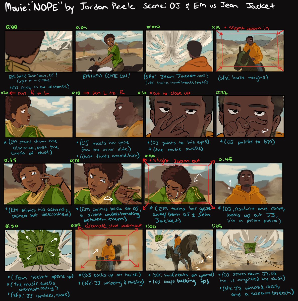 Storyboarded my favorite scene from Nope (2022) by Jordan Peele, but reimagined a couple of the shots :) 

I really loved the sibling duo in this movie and their contrasting personalities 
#storyboard #visualdevelopment #conceptart #NopeMovie #nope #kekepalmer #danielkaluuya
