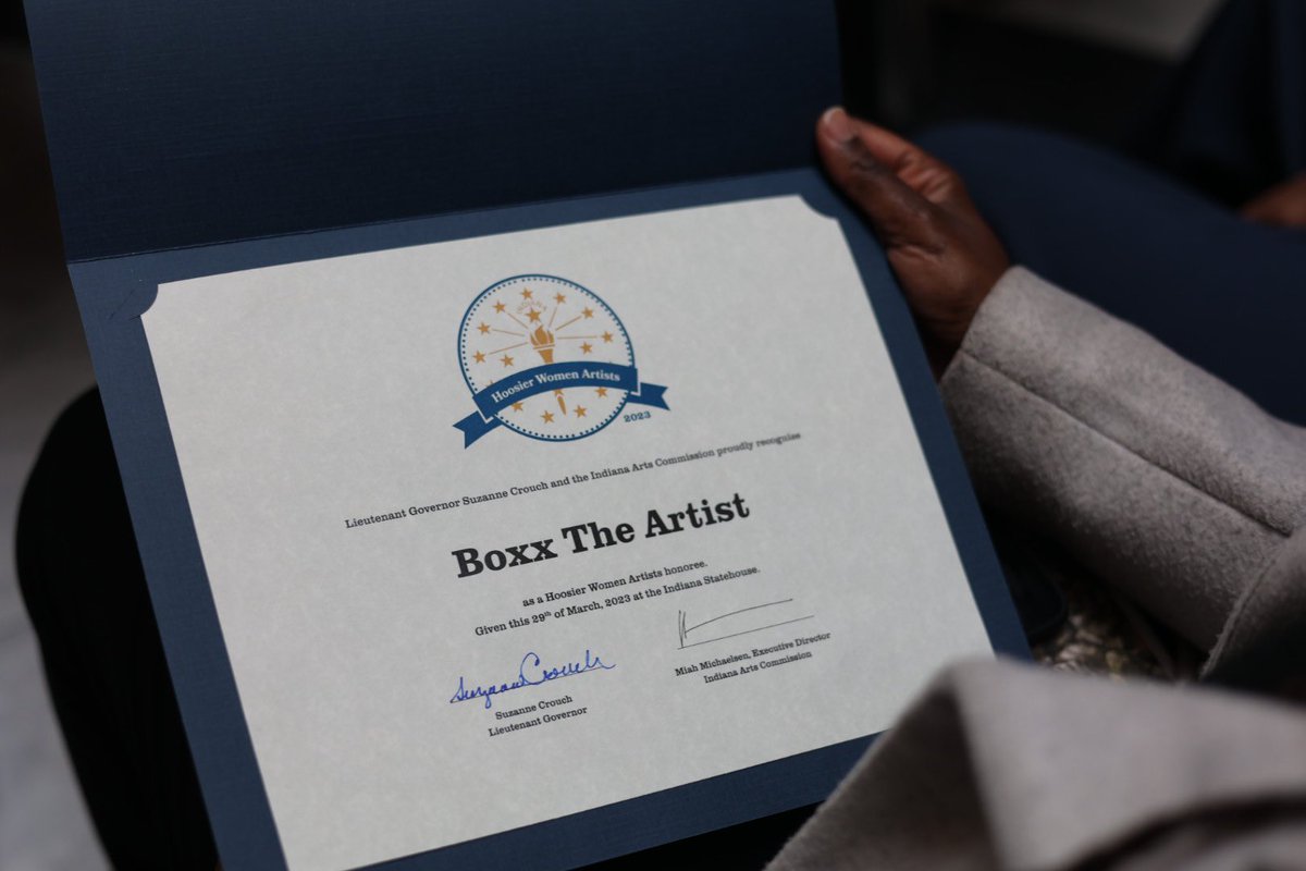 Hoosier Women Artist Honoree, 2023. Thank you to the IAC and the Office of LT. Gov. Suzanne Crouch, and the wonderful artists of the Hoosier Women Artist exhibit. “Nina Simone” was selected to hang in the Indiana Statehouse, office of the Lt. Governor Crouch for one year 🙏🏾