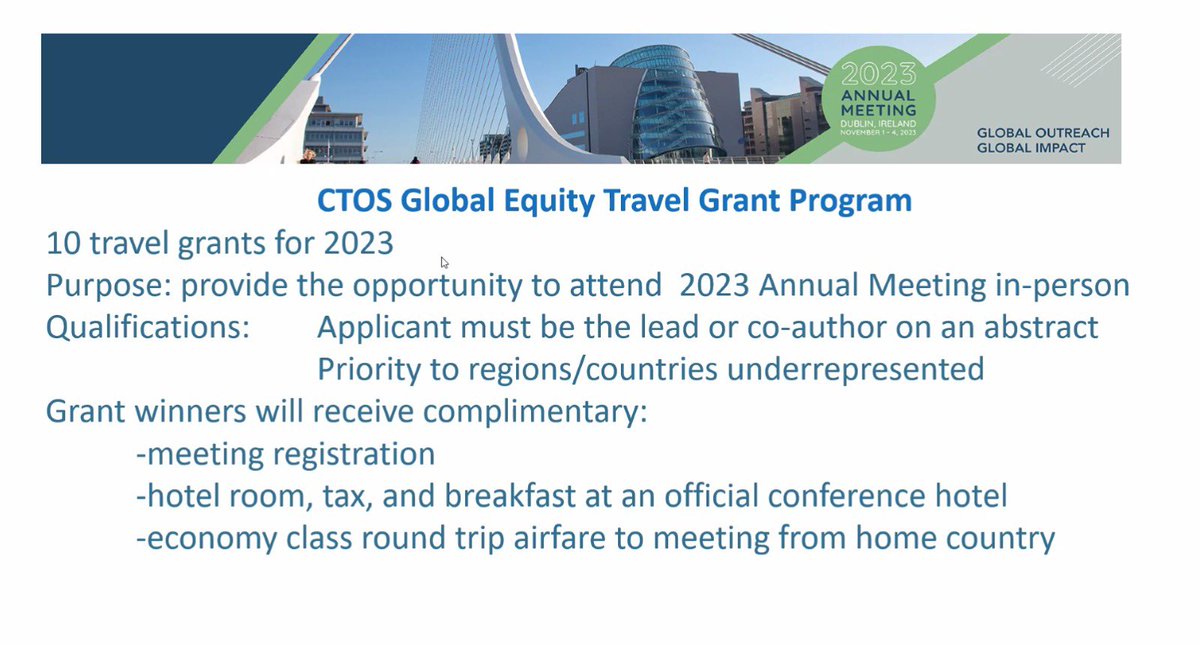 #Beca del programa Equidad Global 🌎 de <a href="/ctosociety/">CTOS</a> para autores de #abstracts enviados al congreso 2023 en #Dublin! 🇮🇪Prioridad 🔝 para #LATAM y otras regiones no representadas. ✈️🍽️🏨🗳️ incluidos! ctos.org/Meeting/2023An…
#GrupoMexSarcomas #sarcoma
