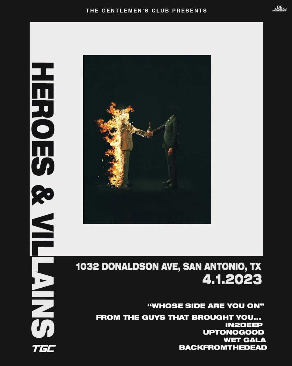 “You either die a Hero Or live long enough to see yourself become a Villain”

#HeroesandVillians 🦸🏿‍♂️🦹🏿‍♂️

4.1.23 🗓️ 

SAN ANTONIO, TX 📍

“Whose side are you on?”

TICKETS AVAILABLE AT THE DOOR 🎟️