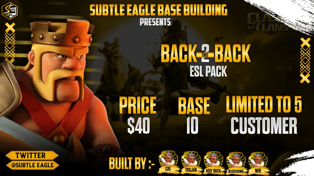 SubtleEagle's tweet image. Along with this month&apos;s season 4 of  Lightning Cup TH15 Edition applications opening today, we also have these packs available.

Stop by the Subtle Eagle discord for tournaments, bases, or clash banter.  All are welcome 🍻