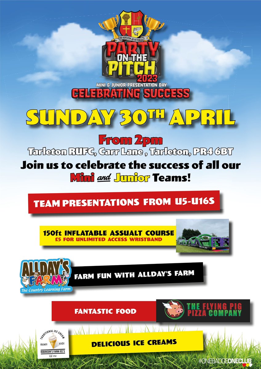 🎉PARTY ON THE PITCH ‘23🎉
 
Join us on Sunday 30th April from 2pm to CELEBRATE the SUCCESS of our Mini &amp; Junior Section!

Bring all the family and join us for a day of celebration and loads of fun!
 
#onebadgeoneclub
#wearetarleton
 ❤️💛🖤