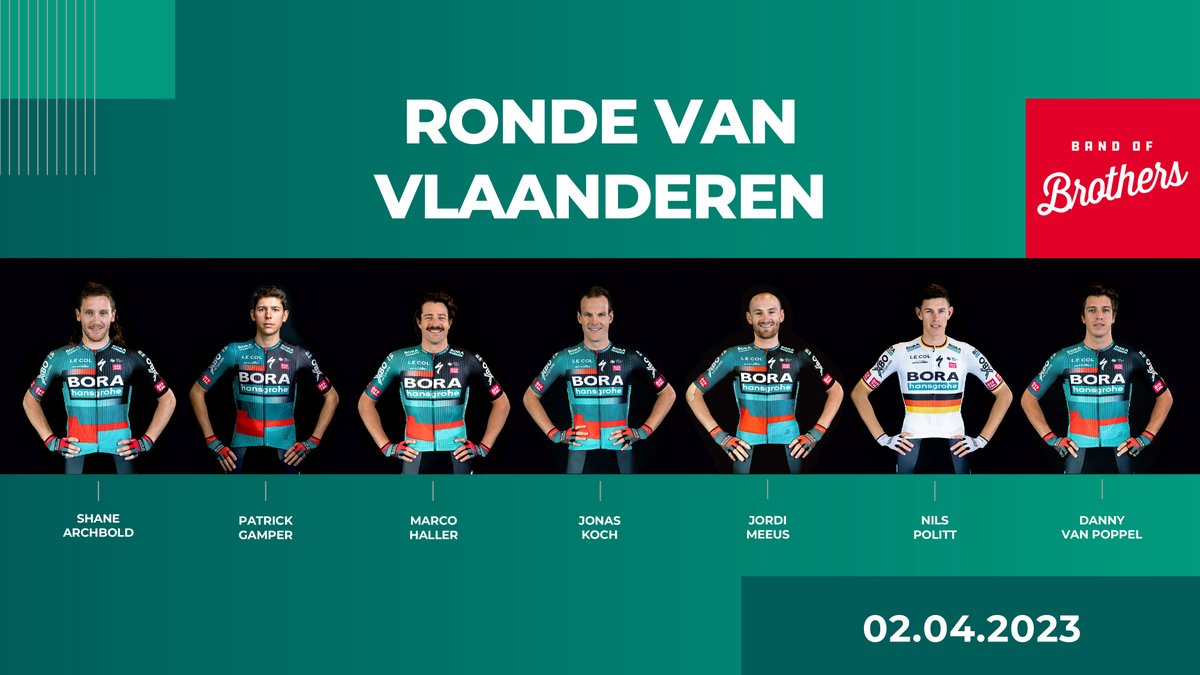 🇧🇪 Presenting our line-up for @RondeVlaanderen: 👉 @Theflyingmullet  👉 @patrick_gamper  👉 @mhaller91  👉 @jonaskoch3  👉 @jordimeeus 👉 Nils Politt 👉 Danny van Poppel #RVV23