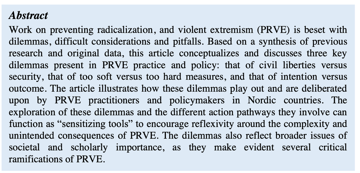 Publication alert! 'Key dilemmas in the prevention of radicalization and violent extremism' by @CrexUiO affiliate @RuneEllefsen3 and colleagues, published by the #openaccess journal @JD_JournalDerad journals.sfu.ca/jd/index.php/j…