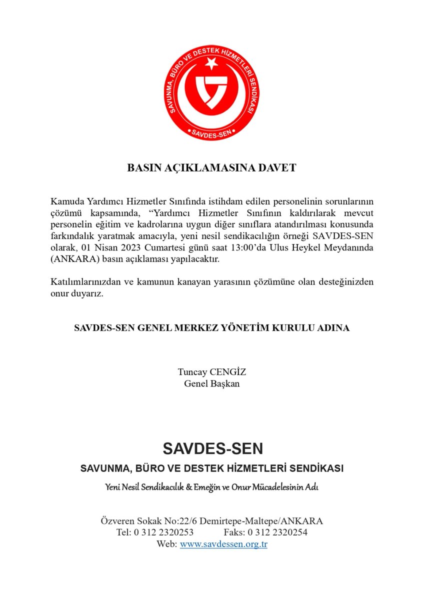 Yarın saat 13.00 da @Savdessen sendikasının Yardımcı Hizmetler Sınıfı çalışanları için bir basın açıklaması var. Katılımın fazla olması #YardımcıHizmetlerSınıfı nın hakkını istediğini gösterir Sizlerden katılım sağlamanız ve bizleri aşçı ceketleri ile temsil etmenizi istiyoruz.