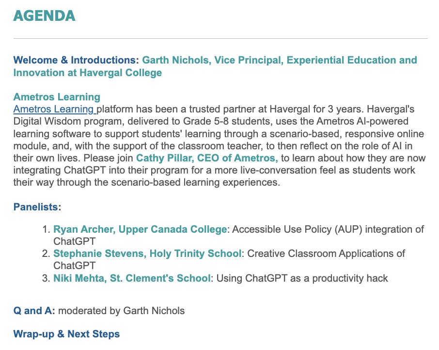#Cohort21 April 11th at 10AM, an amazing panel discussion on ChatGPT for <a href="/CISOntario/">CIS Ontario</a> Educators and Administrators. 

I'm looking forward to hearing from <a href="/Ametroslearning/">Ametros Learning</a> <a href="/TechnoRy_EDTech/">Ryan Archer</a> (<a href="/UCC_Community/">UCC_Community</a>) <a href="/techtoteachwell/">Stephanie Stephens</a> (<a href="/HTSRichmondHill/">HTS Richmond Hill</a>) &amp; @mehta_niki  (<a href="/SCS_Clementines/">St. Clement's School</a> )