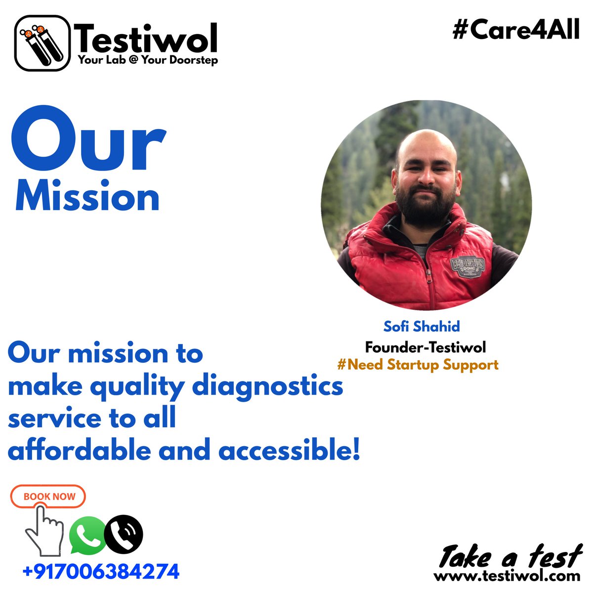 Our mission to  make quality diagnostics service to all
affordable and accessible!

Need Your Startup Support
Testiwol India Private Limited
#mission #vision #testiwol #reels #Health #india #care4all #healthylifestyle #Healthykashmir #ramadan #diagnostics #diagnosticservices