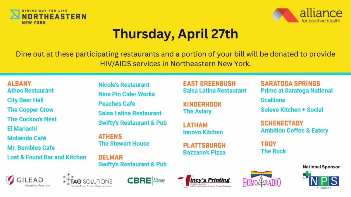 AllianceLGBTQ's tweet photo. 🍴Our Dining Guide is now LIVE🍴 
We have 23 delicious restaurants participating in our 20th annual @DOFL518 on Thursday, April 27th!   https://t.co/XiuSghJVvV
View/Download ➡️ https://t.co/sbb3KNKg0J

#DOFL #DiningOutForLife #DineIn #TakeOut #EndHIV #518DOFL #DOFL518 #HIV #AI https://t.co/GUBW2RPNGn