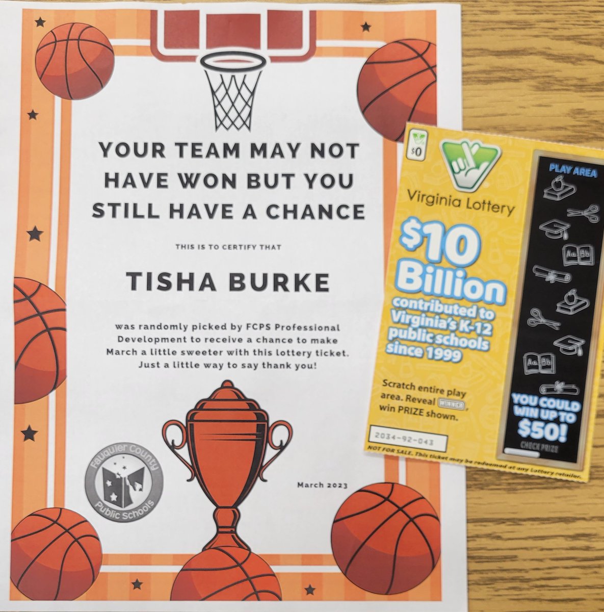 I received a March Madness Lottery ticket from the FCPS Professional Learning staff today. Unfortunately, that was as far as my luck went! #luck <a href="/fcps1news/">Fauquier Schools VA - NEWS</a> <a href="/KettleRunNews/">Kettle Run HS</a>