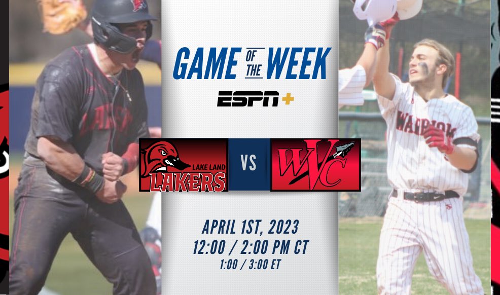 NJCAA (@njcaa) on Twitter photo Get ready for a Great Rivers Athletic Conference πΏπππ½πππππΌπΏππβΎοΈ
<a href="/WVCBaseball/">Wabash Valley BSB</a> takes on <a href="/LLC_Baseball/">Lake Land Baseball</a> for the NJCAA Game of the Week on <a href="/ESPNPlus/">ESPN+</a>!
π: Saturday, April 1st
π: Mount Carmel, IL
β°: 12:00 PM CT / 2:00 PM CT
πΊ: njcaa.org/espn Get ready for a Great Rivers Athletic Conference πΏπππ½πππππΌπΏππβΎοΈ
<a href="/WVCBaseball/">Wabash Valley BSB</a> takes on <a href="/LLC_Baseball/">Lake Land Baseball</a> for the NJCAA Game of the Week on <a href="/ESPNPlus/">ESPN+</a>!
π: Saturday, April 1st
π: Mount Carmel, IL
β°: 12:00 PM CT / 2:00 PM CT
πΊ: njcaa.org/espn