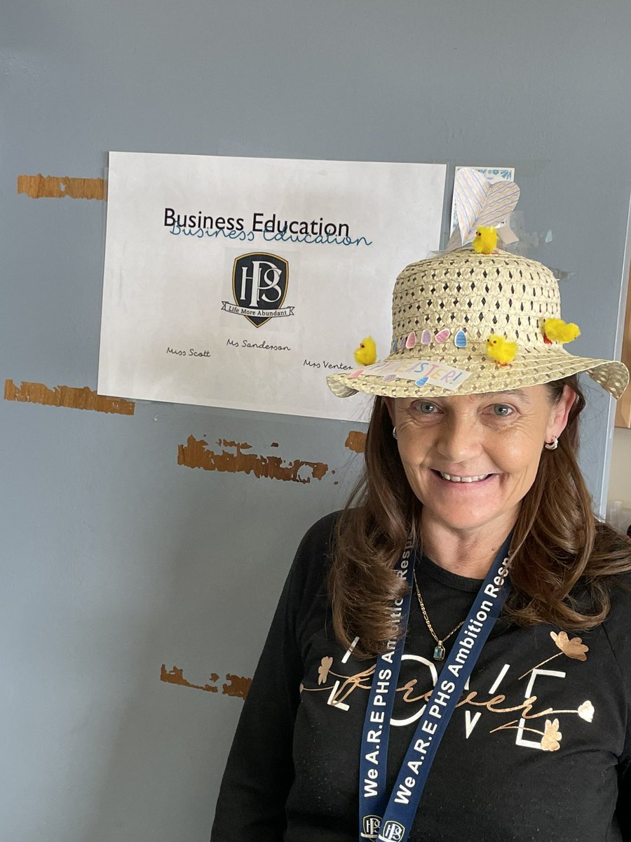PerthHigh_BusEd's tweet photo. It’s been a busy term but so proud of all our pupils. N5/H/AH BM assignments ✅ N5/H AIT assignments ✅ Enjoy the well earned break, here’s a pic of Mrs Venter in her #EasterBonnet for @HuntingtowerPHS @PHS_Interhouse to wish everyone Happy Easter! #weAREphs #BusinessAtPHS https://t.co/wQy0jbmPEs