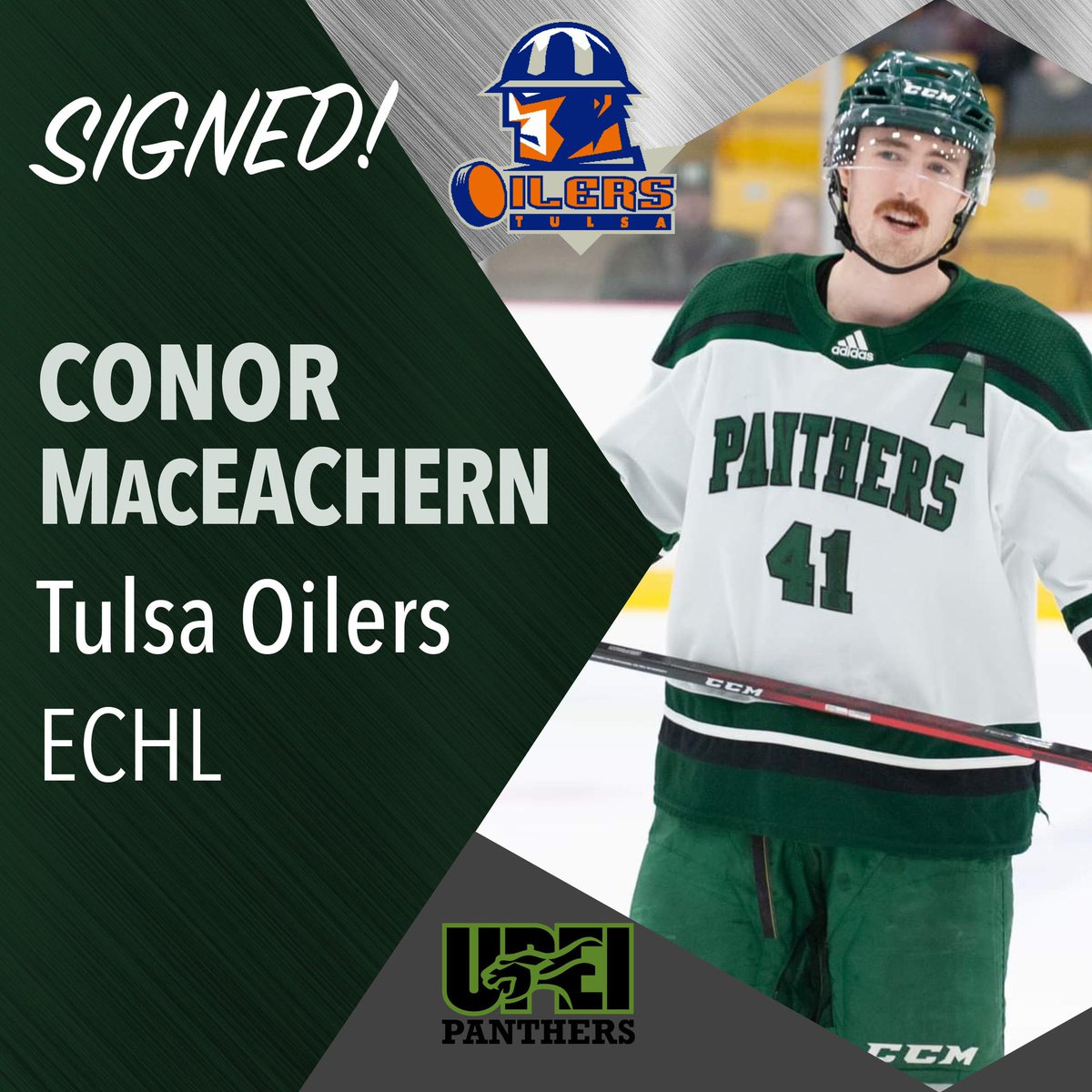 UPEIMHockey's tweet photo. Hometown Kiddd!!
 
Charlottetown native Conor MacEachern has earned a contract with @tulsa_oilers of the ECHL
 
In his four years in the green and white MacEachern emerged as a leader on the back end for the Panthers on and off the ice earning him an “A” in his final year. https://t.co/vcoBJe95fY
