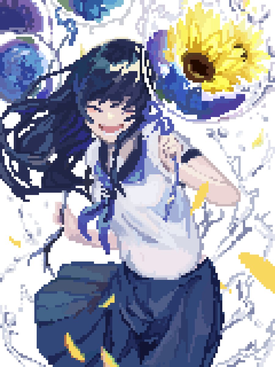 1girl flower solo skirt long hair black hair closed eyes  illustration images