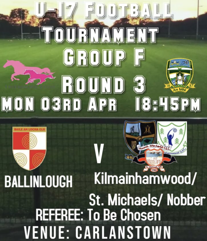 Our U-17’s are back in action on Monday evening for Round 3 of the @MeathGAA Minor Football Tournament when we take on @Kwood_GFC/@stmicksgfc/@nobbergfc (Catchier Name needed 😀)
Throw in is at 18:45pm in Carlanstown. #HontheLough🔴⚪️