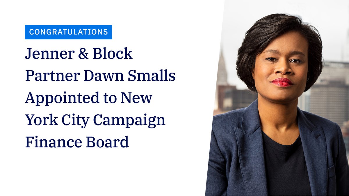 Jenner & Block (@jennerblockllp) on Twitter photo Congratulations to Dawn Smalls on her appointment to <a href="/NYCCFB/">NYC Campaign Finance Board</a>, a nonpartisan, independent city agency. Dawn will work alongside other members to lead the agency that administers one of the strongest, most effective campaign finance systems in the country.
jenner.com/en/news-insigh… Congratulations to Dawn Smalls on her appointment to <a href="/NYCCFB/">NYC Campaign Finance Board</a>, a nonpartisan, independent city agency. Dawn will work alongside other members to lead the agency that administers one of the strongest, most effective campaign finance systems in the country.
jenner.com/en/news-insigh…
