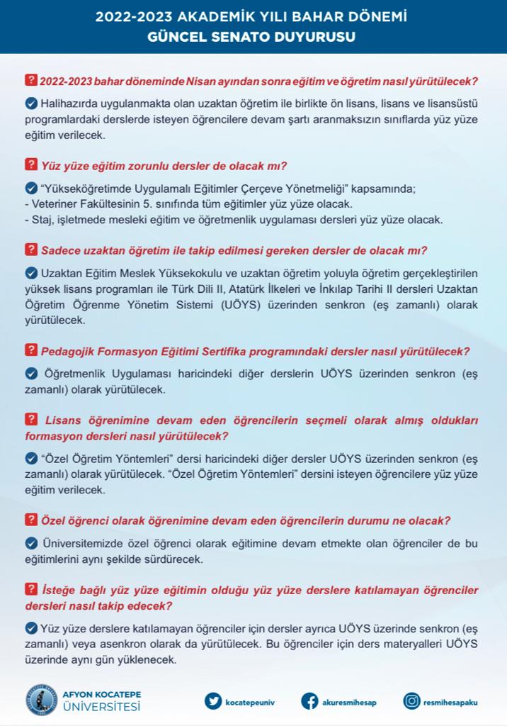 Karakas1969's tweet photo. Sevgili öğrencilerimiz, 2022-2023 Eğitim-Öğretim Yılı Bahar Dönemine ilişkin YÖK'ün aldığı hibrit eğitim modelinin uygulanmasıyla ilgili bugün yaptığımız senato toplantısında aldığımız kararlar aşağıdadır. Yeni süreç, eğitim camiamıza hayırlı olsun.
#AfyonKocatepeÜniversitesi https://t.co/9VHJ9NQiEG