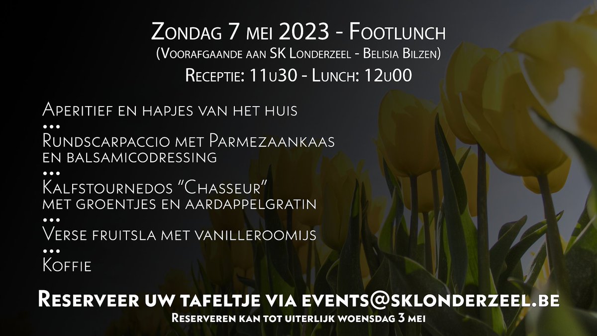 Op zondag 7 mei 2023 neemt KLSK het in de laatste thuiswedstrijd van dit seizoen op tegen topclub Belisia Bilzen.
Wij zijn zéér verheugd om u weer te kunnen ontvangen voor onze laatste “Footlunch” van het seizoen.
Alle info op: sklonderzeel.be/1570-20230507-…