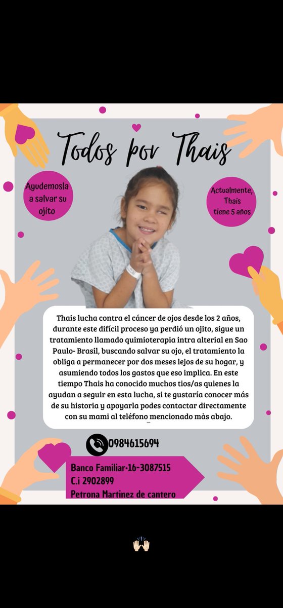 <a href="/LerynFranco/">Leryn Franco</a> <a href="/SaraMorenoPy/">Sara Moreno 🇵🇾</a> <a href="/deselena40/">Desiree Sarubbi</a> <a href="/miguelfiguec/">Miguel Figueredo</a> <a href="/nachomasulli/">Nacho Masulli</a> RT xfa ayudemos a Thais❤️ su quimio es el lunes y debe abonar el lugar donde quedan cerca del hospital 7000reales 🙌 juntos podemos💪en el flyer están los datos para transferencias <a href="/SolAracelyCant1/">thais anahi Cantero Mártinez</a>