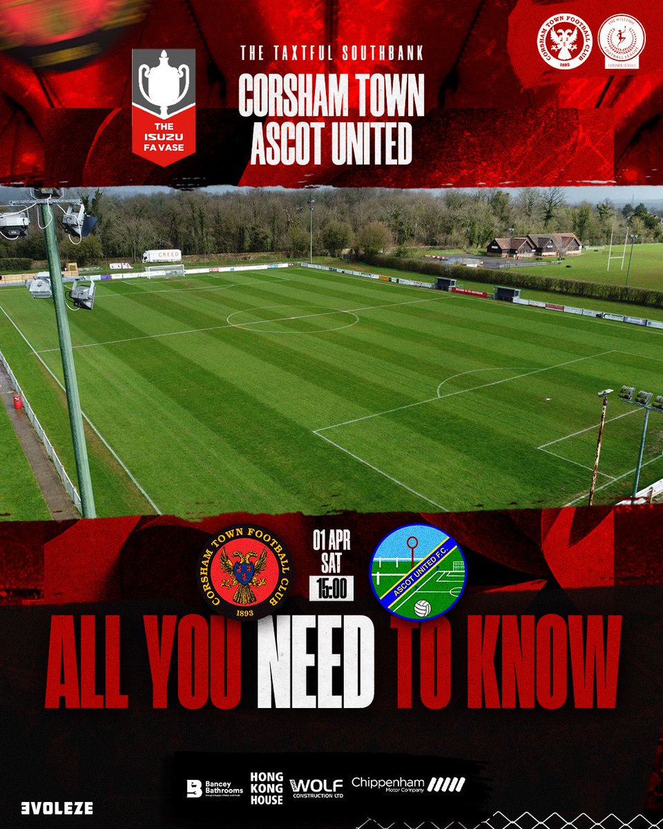 CorshamTownFC's tweet photo. Here is an update on everything you need to know ahead of tomorrows Semi Final clash against @AscotUnitedFC at the Taxtful Southbank.. ⚽️🏆

Tickets & Admission:

For obvious reasons, this fixture has been extremely popular and is now a SELL OUT!

There will be NO TICKETS AVAILABLE ON THE GATE, so please do not arrive without a ticket as a entry will unfortunately been refused. As a small football club, we would love to allow many people in to the ground as possible but the safety of the public will always come first.

Gate Opening Time:

The gate will be open from 12:30 onwards and we would encourage all supporters to arrive as early as they possible can. With the large amount of supporters we are expecting, please be patient if you are asked to queue and remember, our club is run by volunteers so please be kind at all times! 😊

Parking:

Unless you have a reserved parking space, there will be NO PARKING AVAILABLE at the ground. Corsham School have very kindly offered us the use of their car park and it is a 5-minute walk to the club. We are actively encouraging all supporters to either get a taxi or a lift to the ground, or if you are local, please walk. We would also request that nobody parks on the Lacock Road as this road needs to be kept clear for any emergency services that may need to pass.

Bar & Toilets:

The main clubhouse will be closed tomorrow as this area is reserved for hospitality guests only. We have very kindly had a large marquee donated by Wiltshire Marquees and this will be located at the back of the pitch. We have also very kindly had some outdoor toilets donated to use for the day by both Kington Events and Grist Environmental. These will be located at the top of the pitch next to the marquee.

Club Shop & Programmes:

We will have our pop up club shop open tomorrow which will be the best place for you to be able to purchase your Corsham Town merchandise. We have a wide range of hats, scarves and shirts available to buy and it would be great to see a sea of red and white around the pitch. Corsham Print have also very kindly put together an A4 Special Edition Matchday Programme to mark the special day and this will be where you can purchase this from.

Food:

Loaded Corsham will be cooking up the Bratwursts throughout the day and you will be able to buy these from either the tea hut or the BBQ which will be located underneath a gazebo on the side of the pitch. We have also partnered with local cake company, Glamorose Cakes, they will also be located on the side of the pitch with some of the tastiest cupcakes you will ever eat!

You will find a site map as you walk in to the ground to show you where everything will be located!

Security & Policing:

After consulting with Ascot United, we have taken the decision to not segregate supporters as both clubs feel that this is not required. Whilst we are not expecting any issues on the day, we have had several meetings with the local police and local security firms and can confirm we will have presence from both the police, stewards and SIA security guards on the day should they be required. We as a football club have zero tolerance to any form of anti-social behaviour and anybody that is seen to be behaving in a discriminative way will be removed from the ground immediately.

And lastly, on behalf of everybody at Corsham Town Football Club, we would like to wish you all an amazing day and we hope you have a great time with us! For both clubs to be only 90 minutes away from Wembley Stadium is an achievement in itself, we just have to hope we are ones successful at the end of 90 minutes!

Thanks for your continued support!
