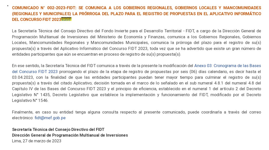 RemurpePeru's tweet photo. 📢 #FIDT | La Secretaría Técnica del FIDT comunica la modificación del Anexo 03: Cronograma de las Bases del Concurso FIDT 2023 prorrogando el plazo de la etapa de registro de propuestas hasta el 03 de abril de 2023.

➡️ https://t.co/zHFpZgSPeS https://t.co/3VHw5GyUl5