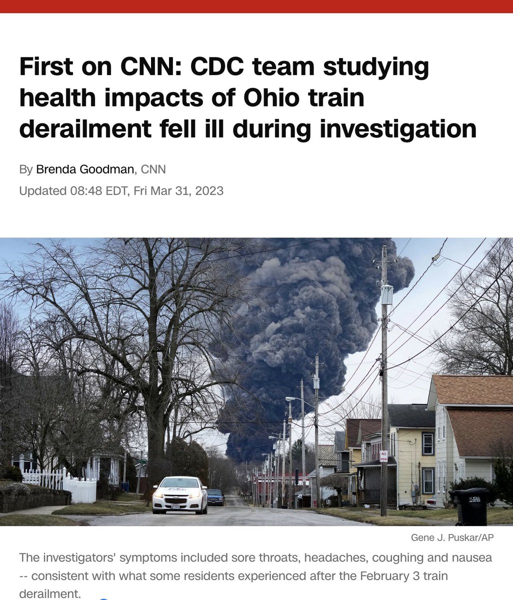 ⚠️BREAKING—CDC team falls ill while investigating the health impacts of Ohio train derailment—➡️**7** US government investigators briefly fell ill in March while studying the possible health impacts of a toxic #OhioChemicalDisaster train derailment, @CDCgov confirms to CNN. 🧵