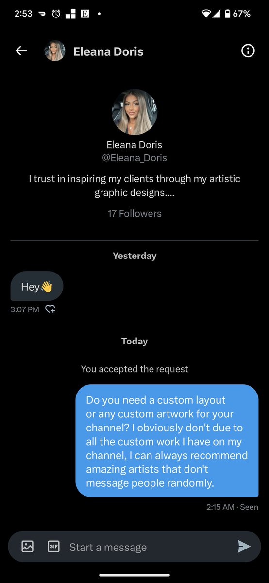 IndyDeath's tweet photo. This is how I am going to start respond to any "graphic design artists" from now on. It seems to stop them in their tracks from peddling their services. #twitch #dontDMme #lookatmychannel #smallstreamer #TwitchAffliate #pathtopartner #fightagainstbots https://t.co/N3bx2ATNQu