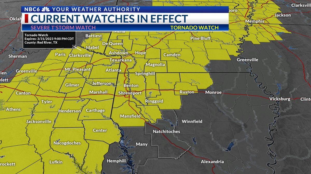 JoshMarciszNBC6's tweet photo. Tornado Watch in effect through this evening. Storms already ongoing near I-30. Next round of storms now developing between Dallas and Shreveport and these  will be the storms that  impact most of the ArkLaTex. https://t.co/d2IBg0KmDw