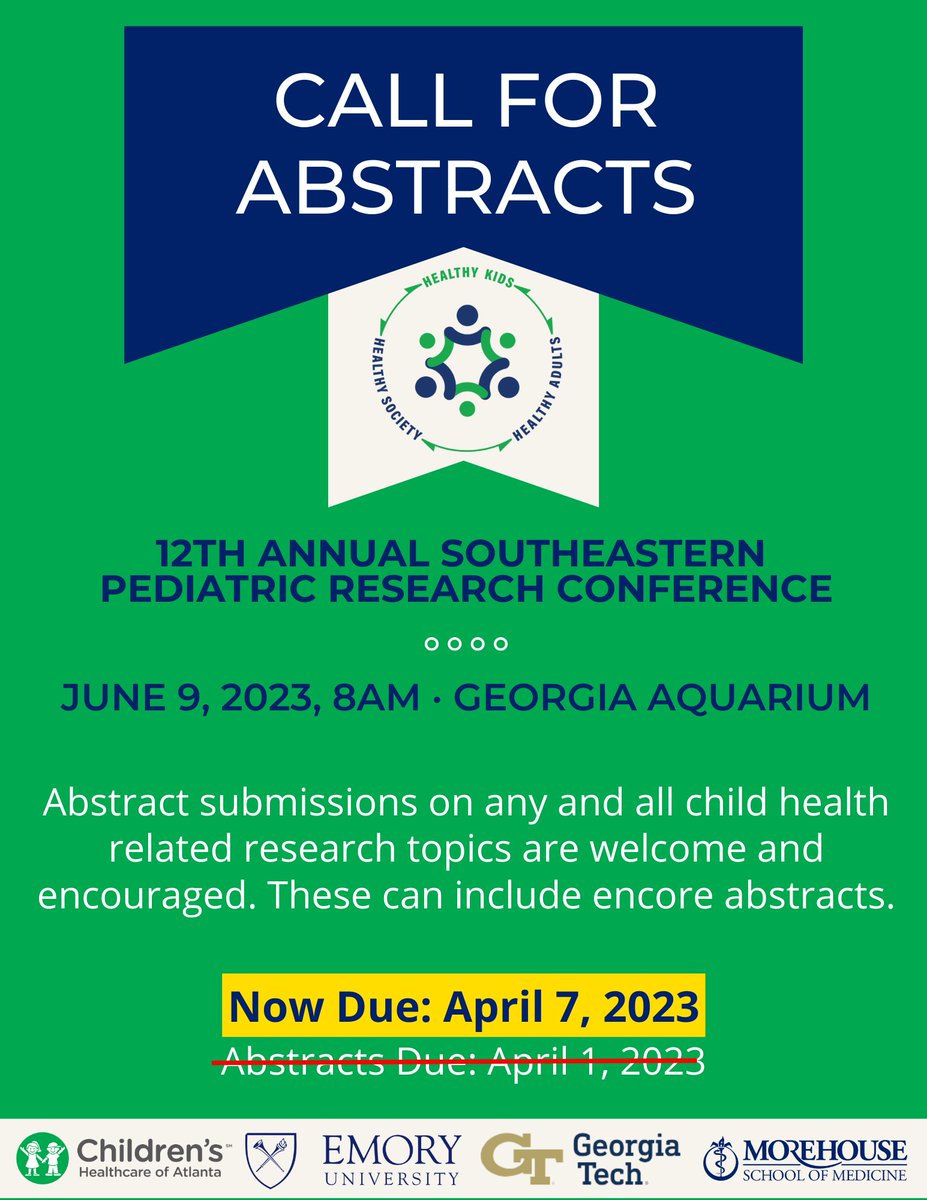 📢 DEADLINE EXTENDED until Friday, April 7th for abstract submissions for the #pedsresearch2023 Conference! Spread the word! Submit here: bit.ly/3K0l6eY View guidelines here: bit.ly/3CCRwrU