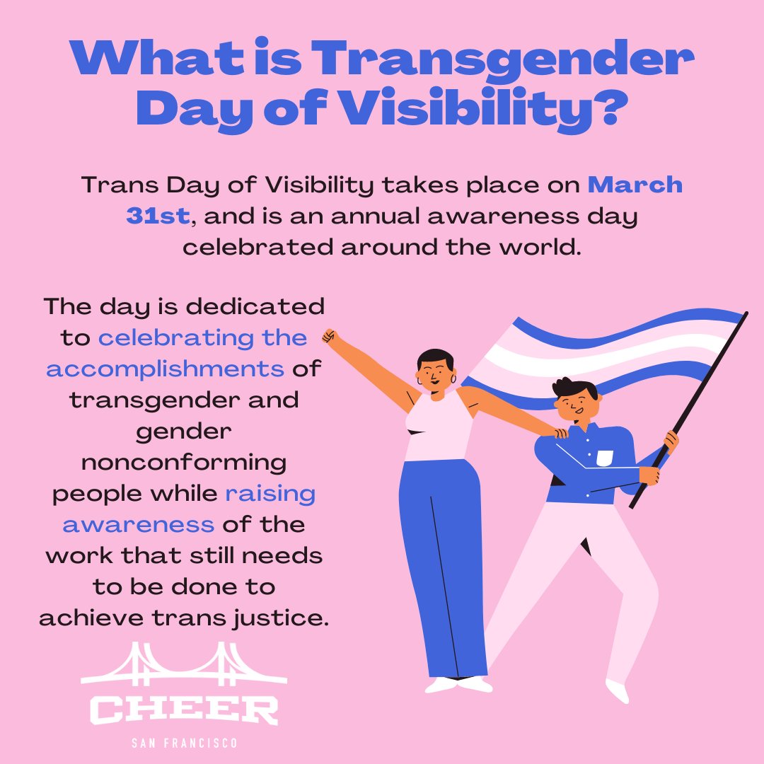 CHEERSF's tweet photo. Today we celebrate Transgender Day of Visibility! Check out our post to learn more about TDoV plus a few local resources for the Trans community.
.
#CHEERSF #TDoV #TransgenderLawCenter #SFLGBTCenter #LYRIC https://t.co/lQ70ABIOuF