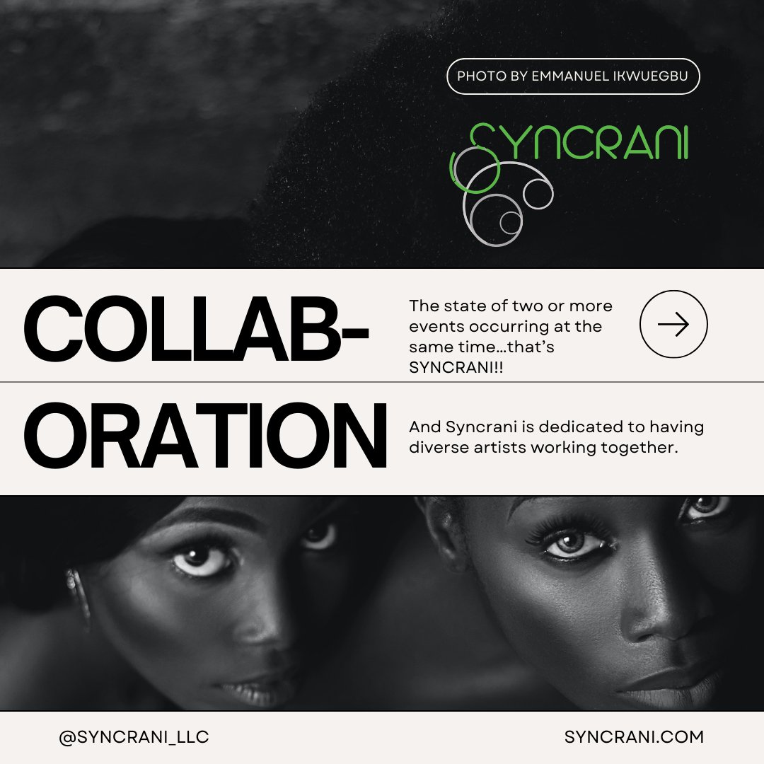 Syncrani's tweet photo. Syncrani is a visual artist agency that specializes in brand imaging. We're all about Collaboration: The state of two or more events occurring at the same time…that’s SYNCRANI!! And Syncrani is dedicated to having diverse artists working together.
#syncrani #visualartists https://t.co/8DS3MJjPoQ