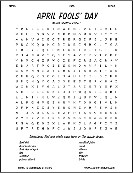 Student Handouts on Twitter: "April Fools' Day Word Search Puzzle - Free to  print (PDF file). Grades four and up. #wordsearch #printable #homeschool  #aprilfoolsday #poissondavril https://t.co/kFOAwskkXj  https://t.co/qln7bhl3zZ" / Twitter