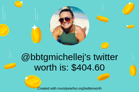 bbtgmichellej's tweet photo. My Twitter worth is: $404.60

Find yours with https://t.co/hv1pdOt07l

⠀ https://t.co/gncQshfbpe