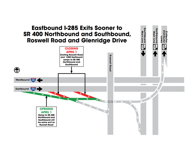 PerimeterConnec's tweet photo. ❗New Transform 285/400 Exit Update❗
A new exiting pattern will open 3/31 - 4/1 from I-285 eastbound to SR 400 northbound and southbound, Roswell Road, and Glenridge Drive. This traffic shift will close three right lanes on I-285 eastbound from Riverside Drive to Roswell Road. https://t.co/8zXwSUFuWF